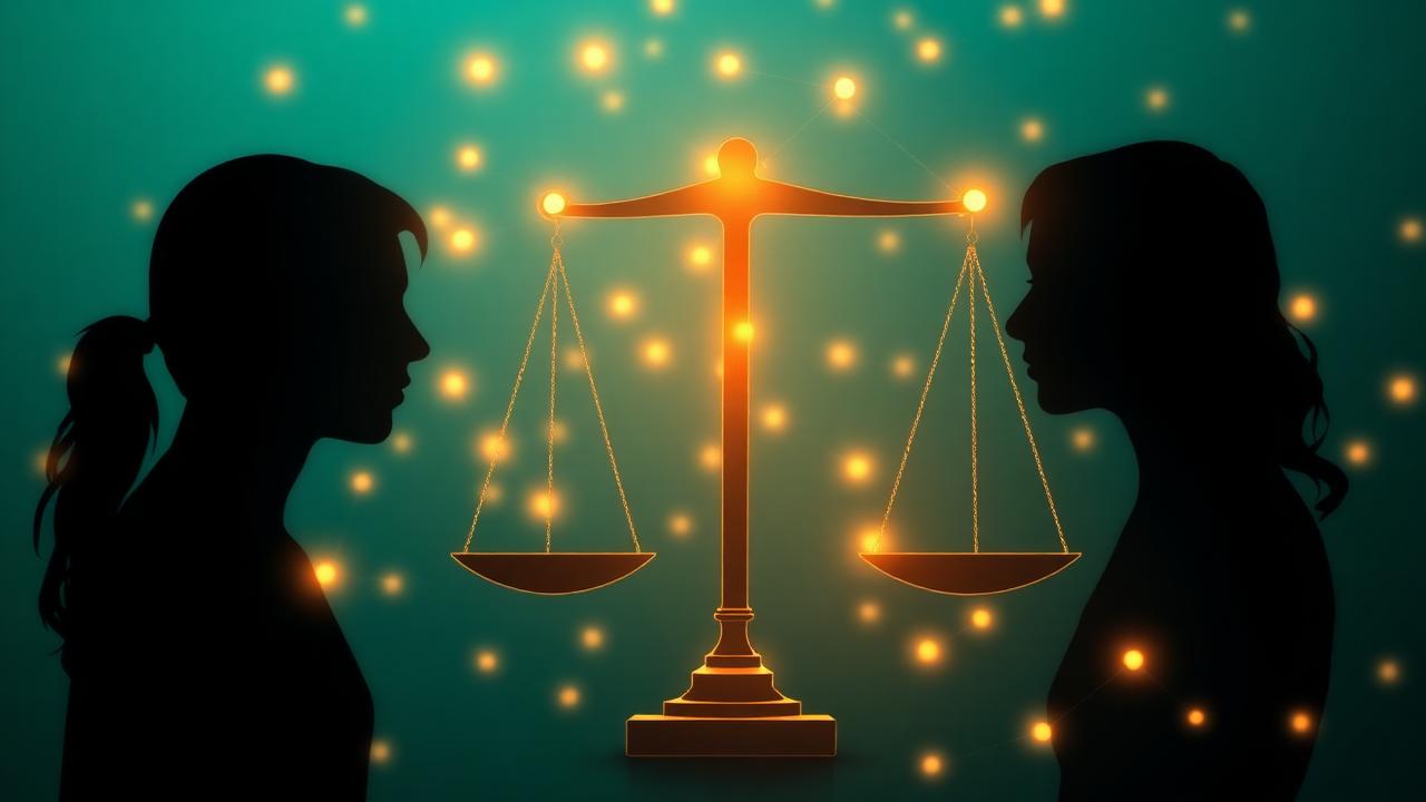 AI HR and recruiting — fairness scales between candidate silhouettes