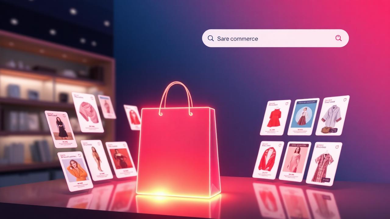 AI ecommerce — glowing shopping bag with personalized product cards
