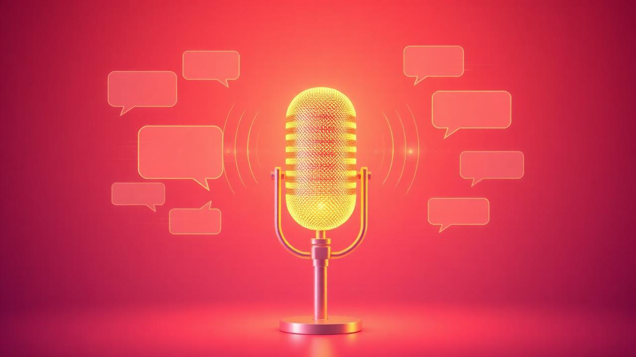 AI voice agent — glowing microphone with speech bubbles