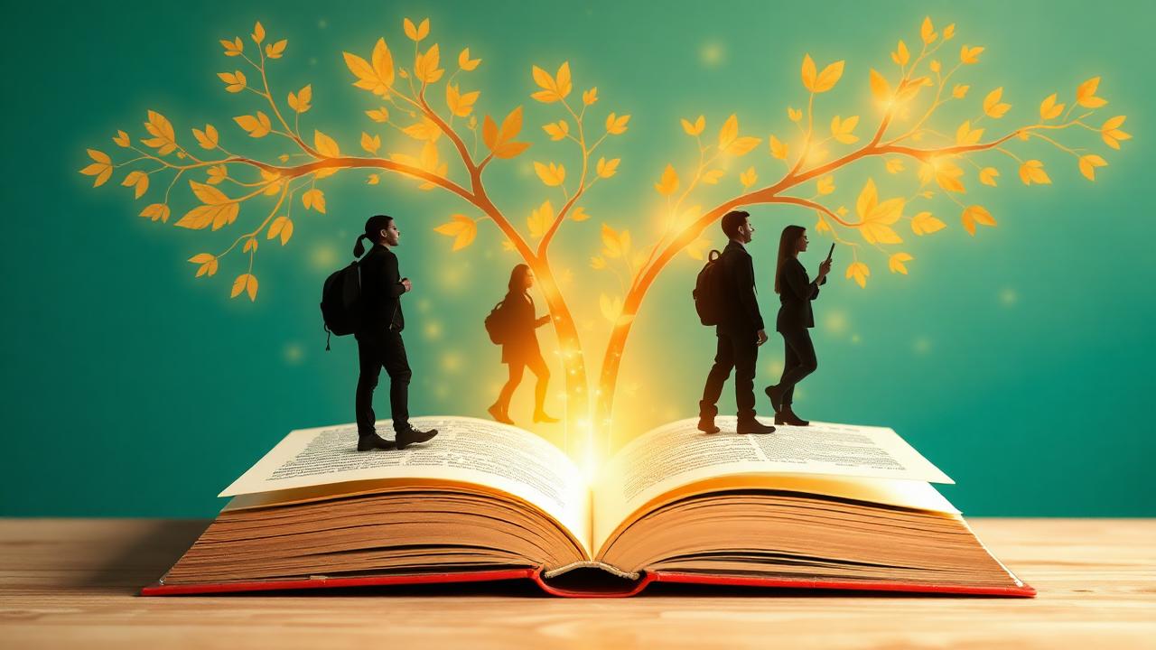AI in education — open book with glowing branches and students