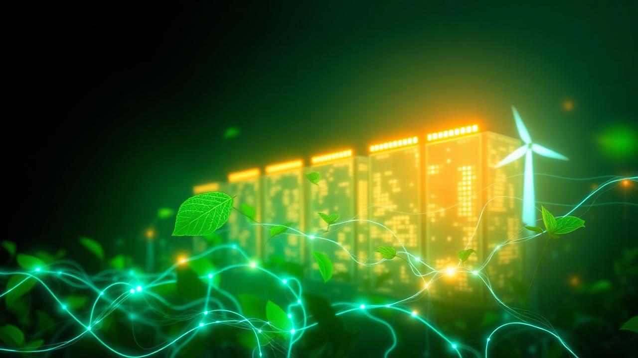 AI energy and environment — green data center with renewable lines
